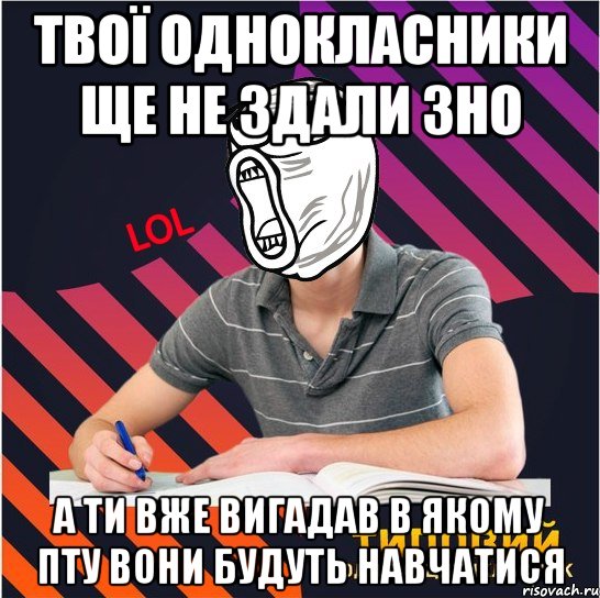 твої однокласники ще не здали зно а ти вже вигадав в якому пту вони будуть навчатися