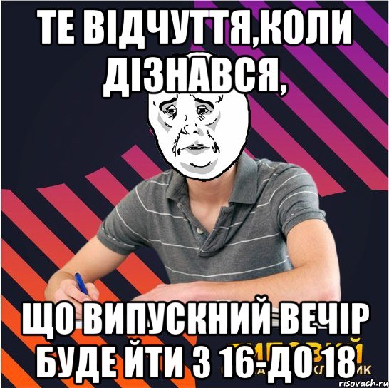 те відчуття,коли дізнався, що випускний вечір буде йти з 16-до 18, Мем Типовий одинадцятикласник