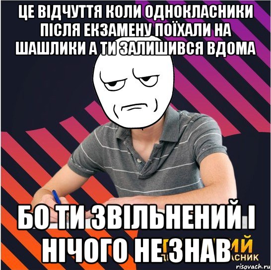 це відчуття коли однокласники після екзамену поїхали на шашлики а ти залишився вдома бо ти звільнений і нічого не знав