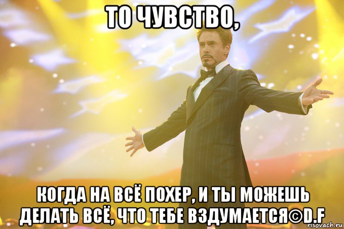 то чувство, когда на всё похер, и ты можешь делать всё, что тебе вздумается©d.f, Мем Тони Старк (Роберт Дауни младший)