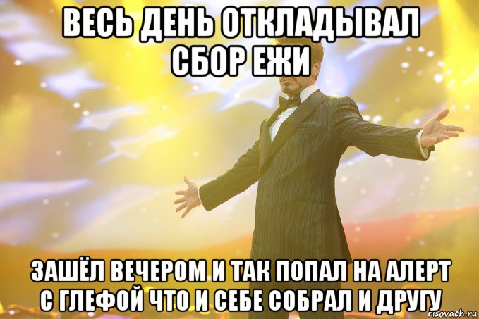 весь день откладывал сбор ежи зашёл вечером и так попал на алерт с глефой что и себе собрал и другу, Мем Тони Старк (Роберт Дауни младший)