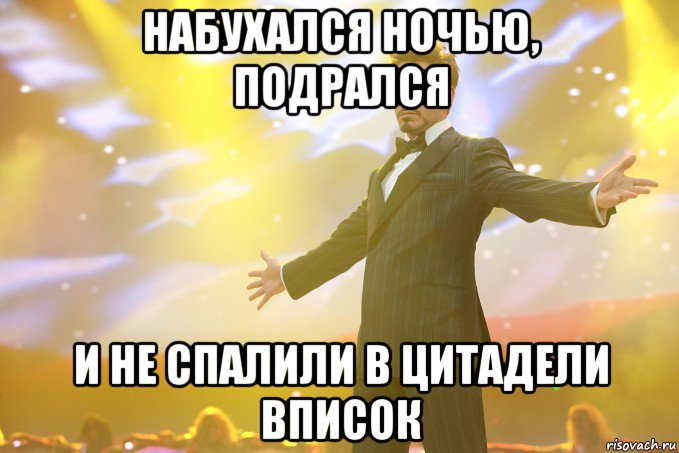 набухался ночью, подрался и не спалили в цитадели вписок, Мем Тони Старк (Роберт Дауни младший)