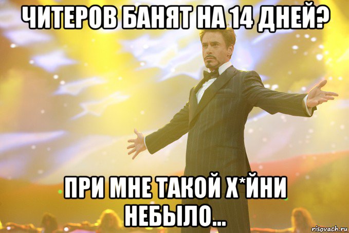 читеров банят на 14 дней? при мне такой х*йни небыло..., Мем Тони Старк (Роберт Дауни младший)