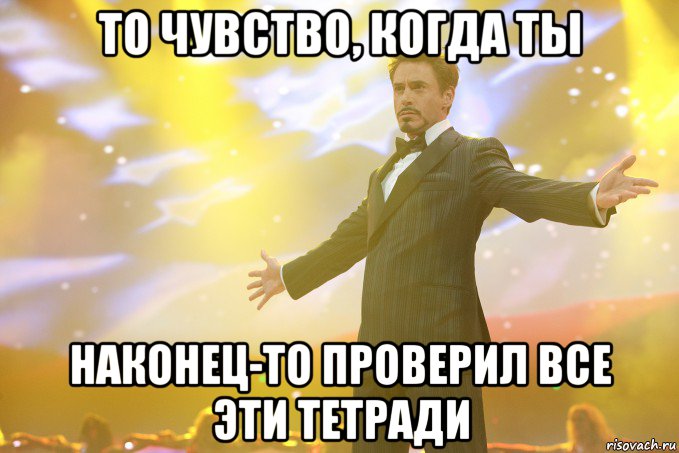 то чувство, когда ты наконец-то проверил все эти тетради, Мем Тони Старк (Роберт Дауни младший)