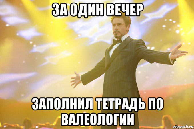 за один вечер заполнил тетрадь по валеологии, Мем Тони Старк (Роберт Дауни младший)