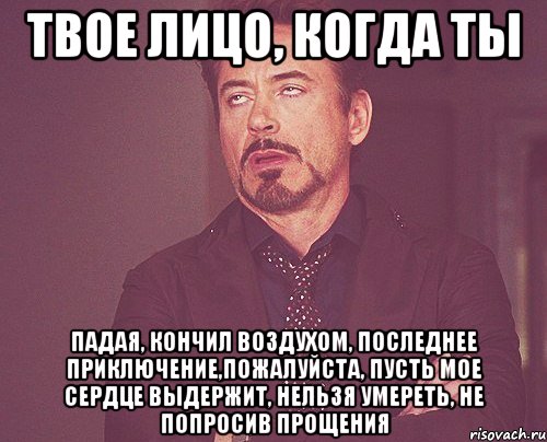 твое лицо, когда ты падая, кончил воздухом, последнее приключение,пожалуйста, пусть мое сердце выдержит, нельзя умереть, не попросив прощения, Мем твое выражение лица