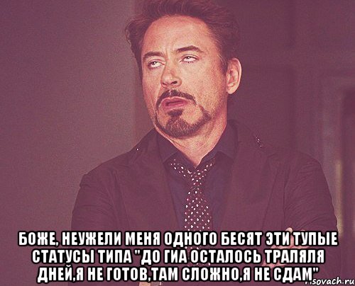  боже, неужели меня одного бесят эти тупые статусы типа "до гиа осталось траляля дней,я не готов,там сложно,я не сдам", Мем твое выражение лица