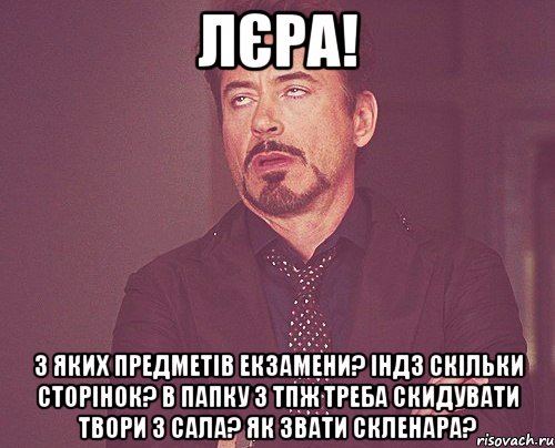 лєра! з яких предметів екзамени? індз скільки сторінок? в папку з тпж треба скидувати твори з сала? як звати скленара?, Мем твое выражение лица