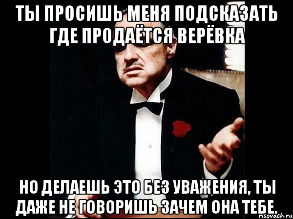 ты просишь меня подсказать где продаётся верёвка но делаешь это без уважения, ты даже не говоришь зачем она тебе., Мем ты делаешь это без уважения