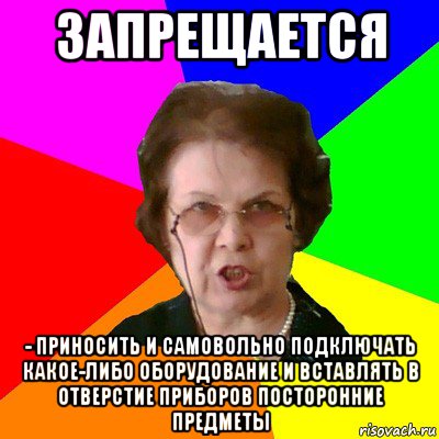 запрещается - приносить и самовольно подключать какое-либо оборудование и вставлять в отверстие приборов посторонние предметы, Мем Типичная училка