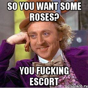 so you want some roses? you fucking escort, Мем Ну давай расскажи (Вилли Вонка)