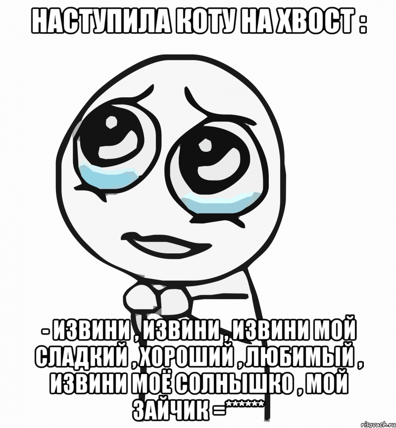 наступила коту на хвост : - извини , извини , извини мой сладкий , хороший , любимый , извини моё солнышко , мой зайчик =******, Мем  ну пожалуйста (please)