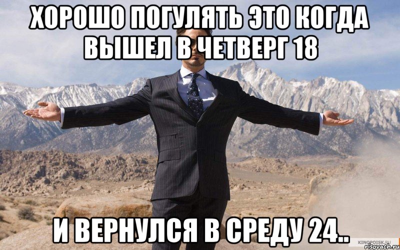 хорошо погулять это когда вышел в четверг 18 и вернулся в среду 24.., Мем железный человек