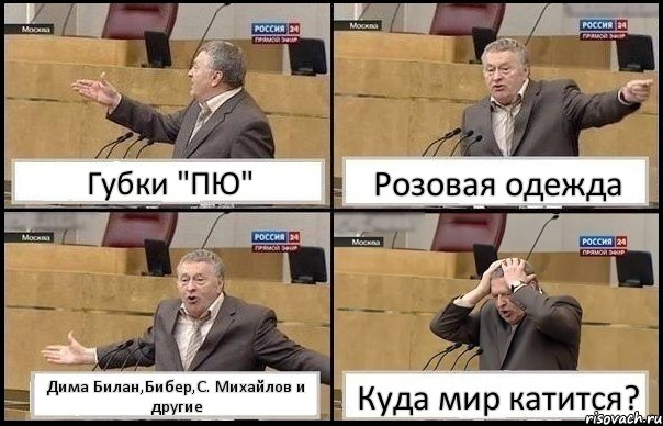 Губки "ПЮ" Розовая одежда Дима Билан,Бибер,С. Михайлов и другие Куда мир катится?, Комикс Жирик в шоке хватается за голову