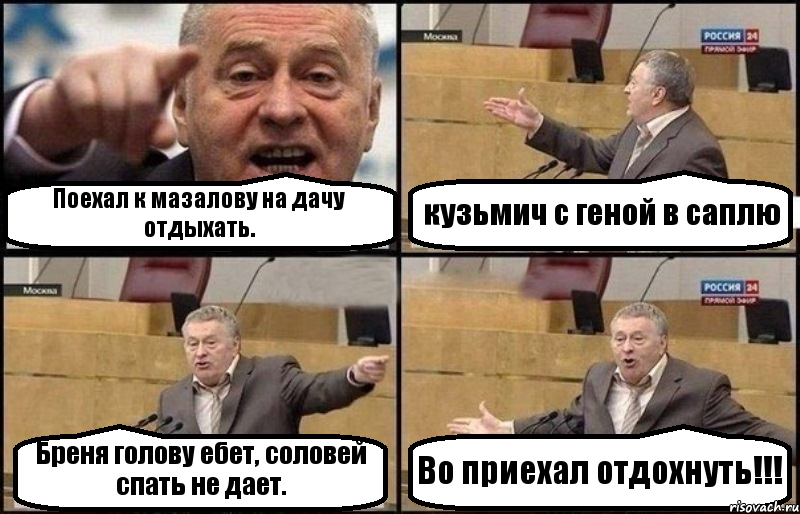 Поехал к мазалову на дачу отдыхать. кузьмич с геной в саплю Бреня голову ебет, соловей спать не дает. Во приехал отдохнуть!!!, Комикс Жириновский