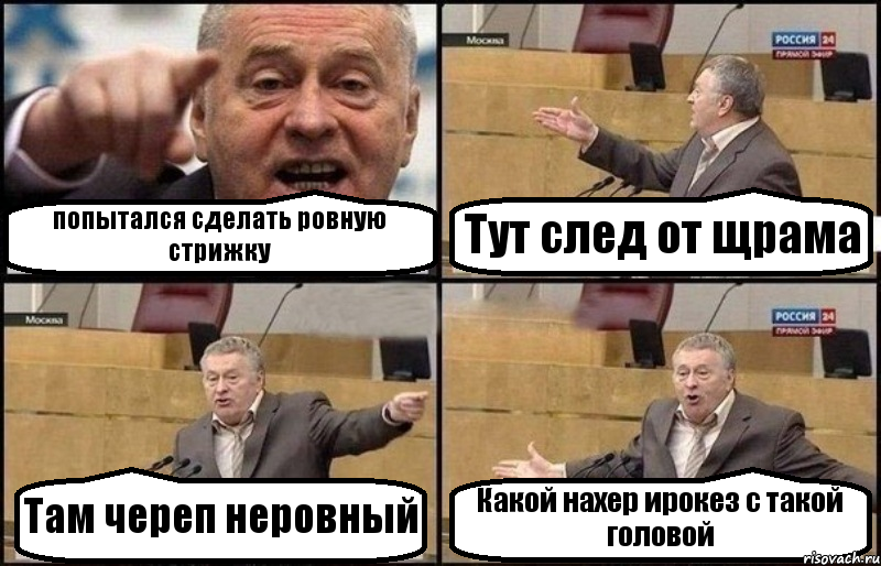 попытался сделать ровную стрижку Тут след от щрама Там череп неровный Какой нахер ирокез с такой головой, Комикс Жириновский