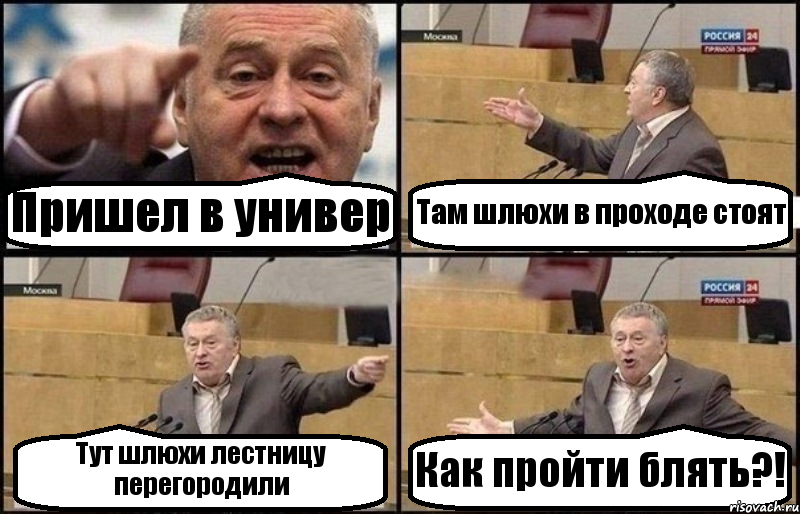 Пришел в универ Там шлюхи в проходе стоят Тут шлюхи лестницу перегородили Как пройти блять?!, Комикс Жириновский