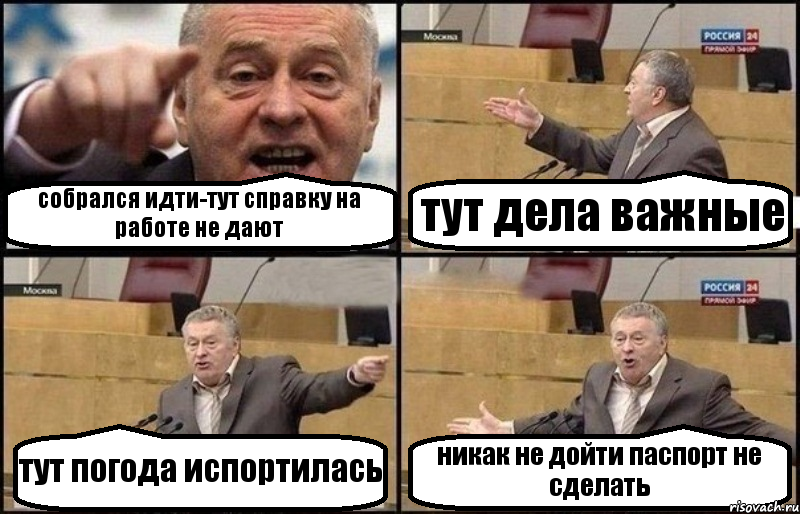 собрался идти-тут справку на работе не дают тут дела важные тут погода испортилась никак не дойти паспорт не сделать, Комикс Жириновский