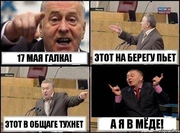 17 МАЯ ГАЛКА! ЭТОТ НА БЕРЕГУ ПЬЕТ ЭТОТ В ОБЩАГЕ ТУХНЕТ А Я В МЁДЕ!, Комикс Жириновский клоуничает