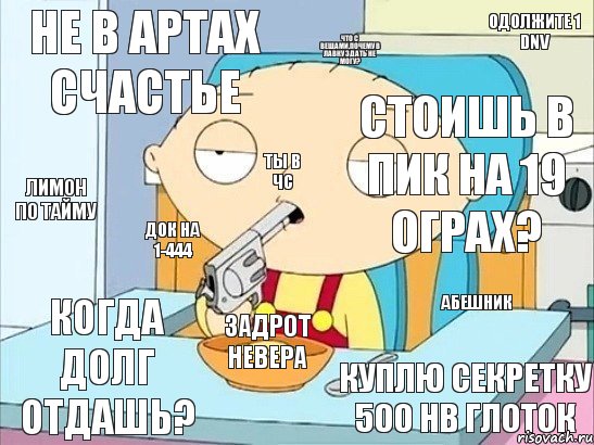 Не в артах счастье стоишь в пик на 19 ограх? Что с вещами,почему в лавку здать не могу? Док на 1-444 Абешник Задрот невера Куплю секретку 500 нв глоток Когда долг отдашь? Лимон по тайму Ты в ЧС Одолжите 1 DNV, Комикс Стьюи хочет застрелиться