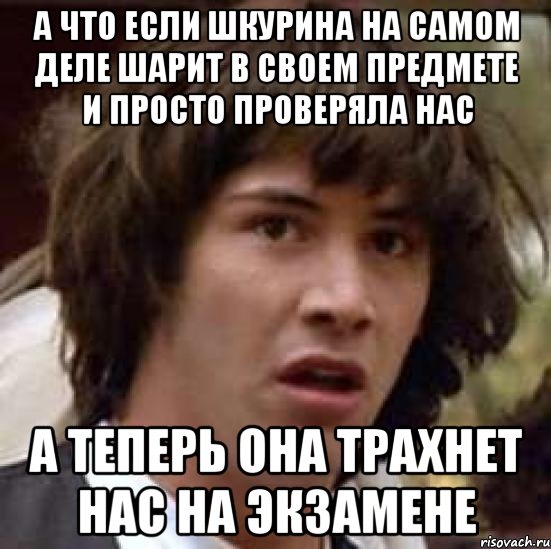 а что если шкурина на самом деле шарит в своем предмете и просто проверяла нас а теперь она трахнет нас на экзамене, Мем А что если (Киану Ривз)