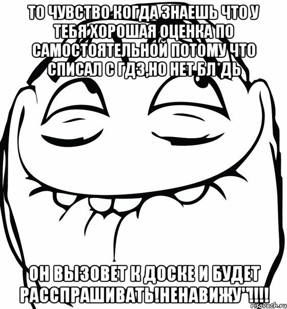 то чувство когда знаешь что у тебя хорошая оценка по самостоятельной потому что списал с гдз,но нет бл*дь он вызовет к доске и будет расспрашивать!ненавижу"!!!, Мем  аааа