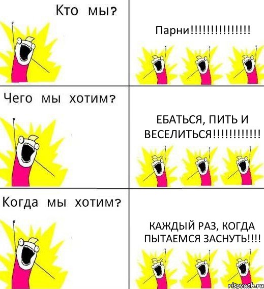 Парни!!! ЕБАТЬСЯ, ПИТЬ И ВЕСЕЛИТЬСЯ!!! КАЖДЫЙ РАЗ, КОГДА ПЫТАЕМСЯ ЗАСНУТЬ!!!, Комикс Что мы хотим