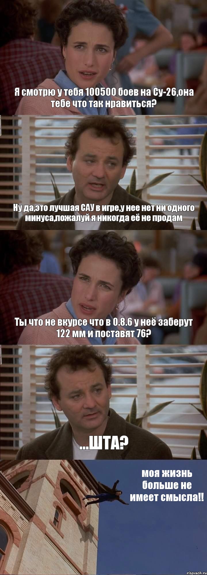 Я смотрю у тебя 100500 боев на Су-26,она тебе что так нравиться? Ну да,это лучшая САУ в игре,у нее нет ни одного минуса,пожалуй я никогда её не продам Ты что не вкурсе что в 0.8.6 у неё заберут 122 мм и поставят 76? ...ШТА? моя жизнь больше не имеет смысла!!, Комикс День сурка