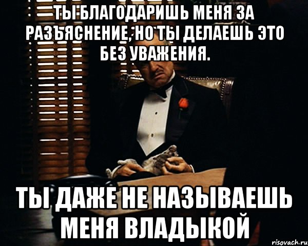 ты благодаришь меня за разъяснение, но ты делаешь это без уважения. ты даже не называешь меня владыкой, Мем Дон Вито Корлеоне