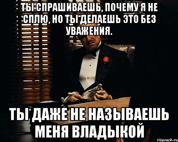 ты спрашиваешь, почему я не сплю, но ты делаешь это без уважения. ты даже не называешь меня владыкой, Мем Дон Вито Корлеоне