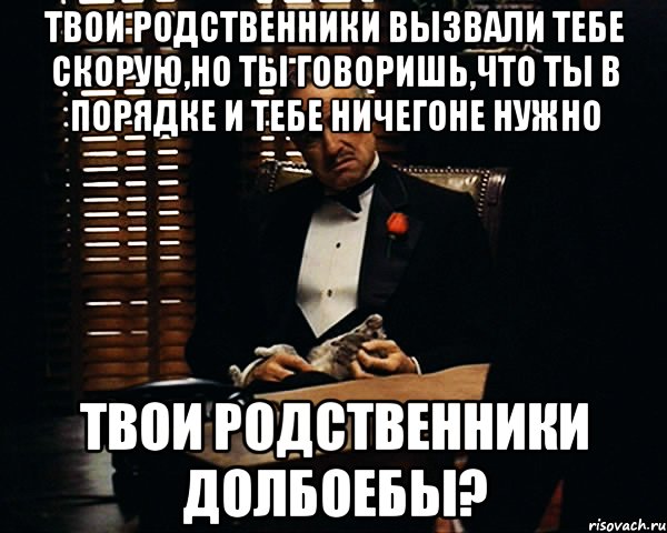 твои родственники вызвали тебе скорую,но ты говоришь,что ты в порядке и тебе ничегоне нужно твои родственники долбоебы?, Мем Дон Вито Корлеоне