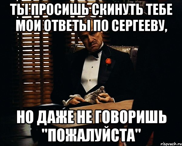 ты просишь скинуть тебе мои ответы по сергееву, но даже не говоришь "пожалуйста", Мем Дон Вито Корлеоне