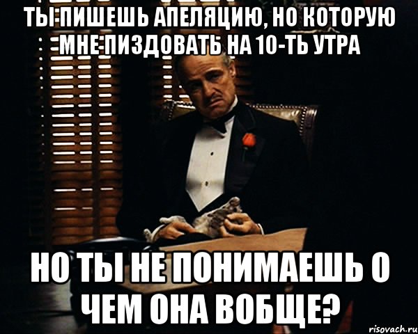 ты пишешь апеляцию, но которую мне пиздовать на 10-ть утра но ты не понимаешь о чем она вобще?, Мем Дон Вито Корлеоне