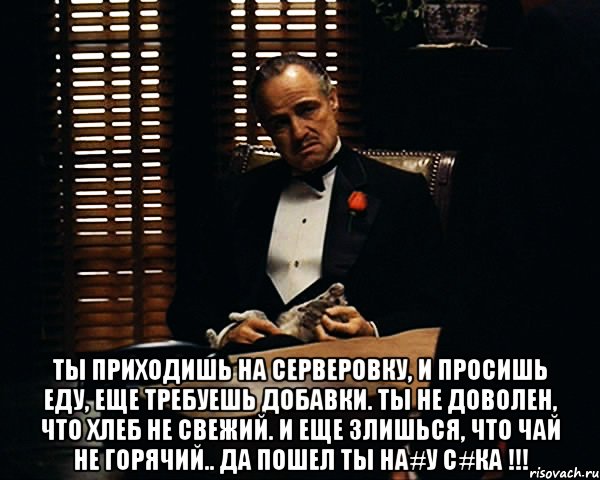  ты приходишь на серверовку, и просишь еду, еще требуешь добавки. ты не доволен, что хлеб не свежий. и еще злишься, что чай не горячий.. да пошел ты на#у с#ка !!!, Мем Дон Вито Корлеоне