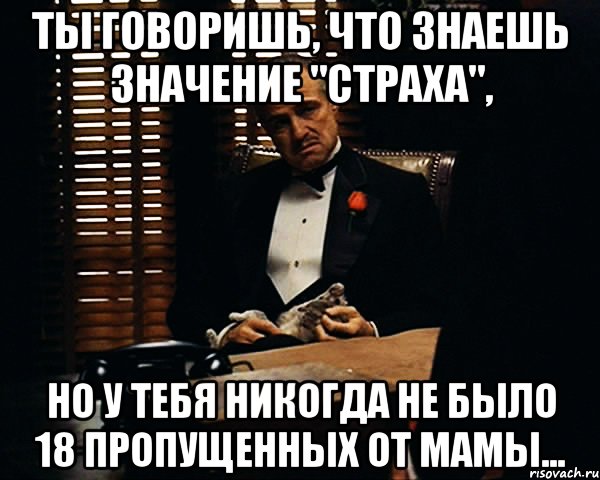 ты говоришь, что знаешь значение "страха", но у тебя никогда не было 18 пропущенных от мамы..., Мем Дон Вито Корлеоне