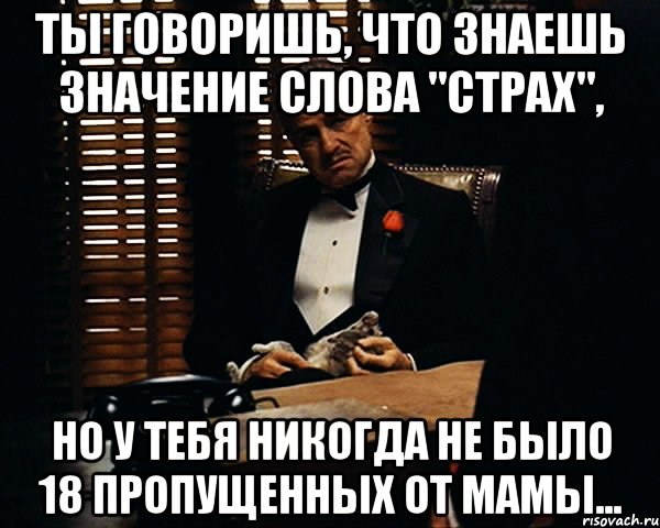 ты говоришь, что знаешь значение слова "страх", но у тебя никогда не было 18 пропущенных от мамы..., Мем Дон Вито Корлеоне