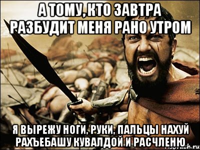 а тому, кто завтра разбудит меня рано утром я вырежу ноги, руки, пальцы нахуй рахъебашу кувалдой и расчленю, Мем Это Спарта