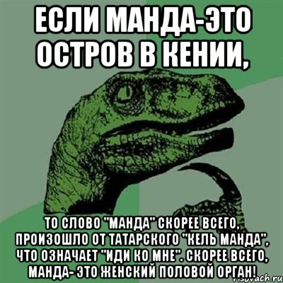 если манда-это остров в кении, то слово "манда" скорее всего, произошло от татарского "кель манда", что означает "иди ко мне". скорее всего, манда- это женский половой орган!, Мем Филосораптор