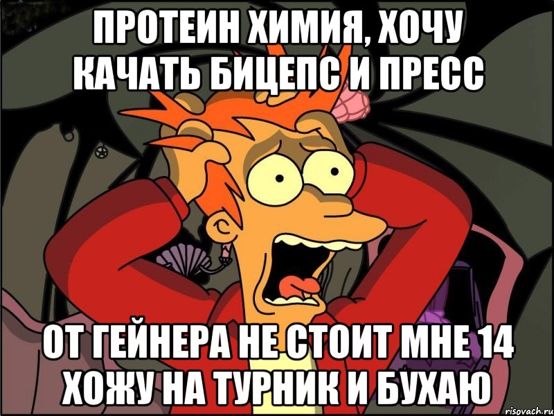 протеин химия, хочу качать бицепс и пресс от гейнера не стоит мне 14 хожу на турник и бухаю, Мем Фрай в панике