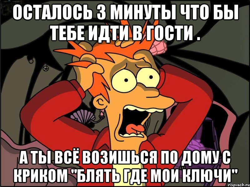 осталось 3 минуты что бы тебе идти в гости . а ты всё возишься по дому с криком "блять где мои ключи", Мем Фрай в панике