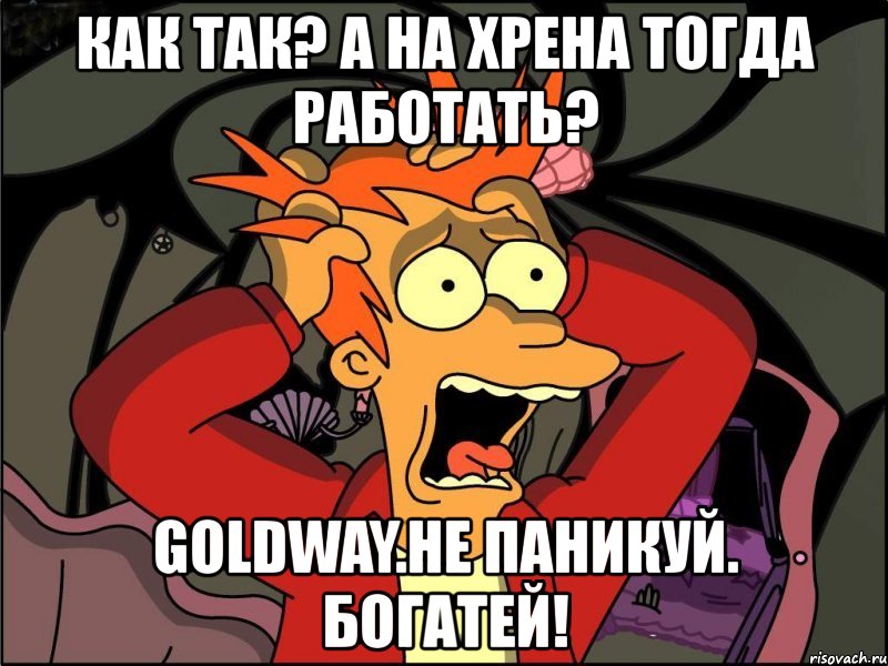 как так? а на хрена тогда работать? goldway.не паникуй. богатей!, Мем Фрай в панике