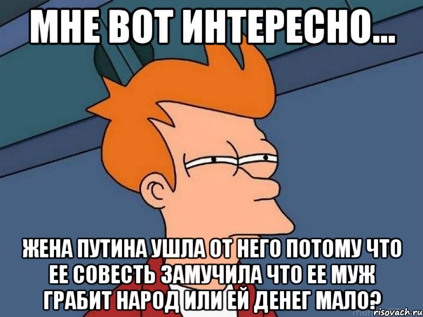 мне вот интересно... жена путина ушла от него потому что ее совесть замучила что ее муж грабит народ или ей денег мало?, Мем  Фрай (мне кажется или)