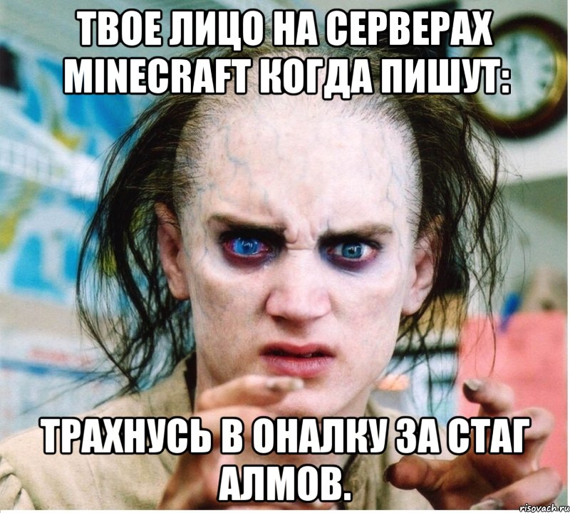 твое лицо на серверах minecraft когда пишут: трахнусь в оналку за стаг алмов., Мем фродум