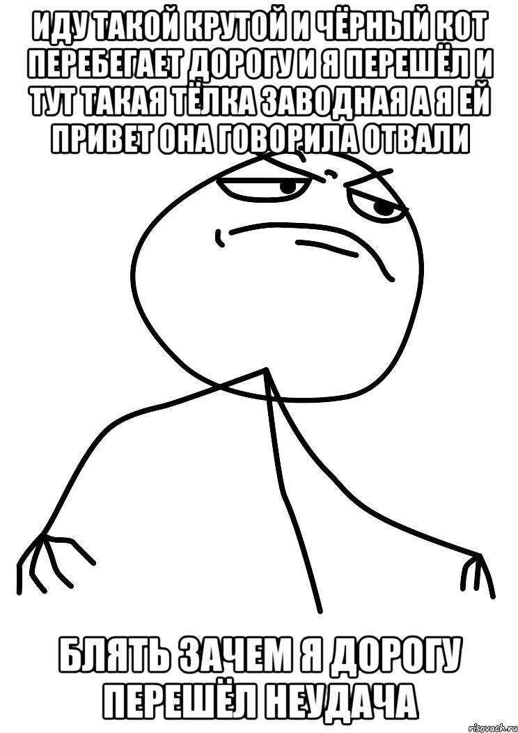 иду такой крутой и чёрный кот перебегает дорогу и я перешёл и тут такая тёлка заводная а я ей привет она говорила отвали блять зачем я дорогу перешёл неудача, Мем fuck yea