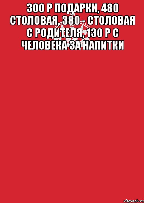 300 р подарки, 480 столовая, 380 - столовая с родителя, 130 р с человека за напитки , Комикс Keep Calm 3