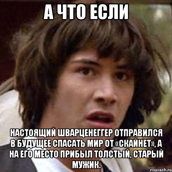 а что если настоящий шварценеггер отправился в будущее спасать мир от «скайнет», а на его место прибыл толстый, старый мужик., Мем А что если (Киану Ривз)