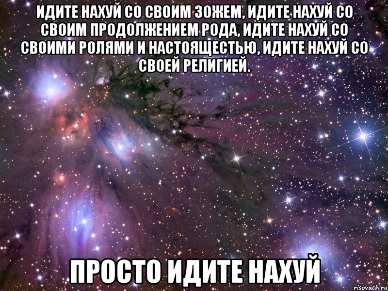 идите нахуй со своим зожем, идите нахуй со своим продолжением рода, идите нахуй со своими ролями и настоящестью, идите нахуй со своей религией. просто идите нахуй, Мем Космос