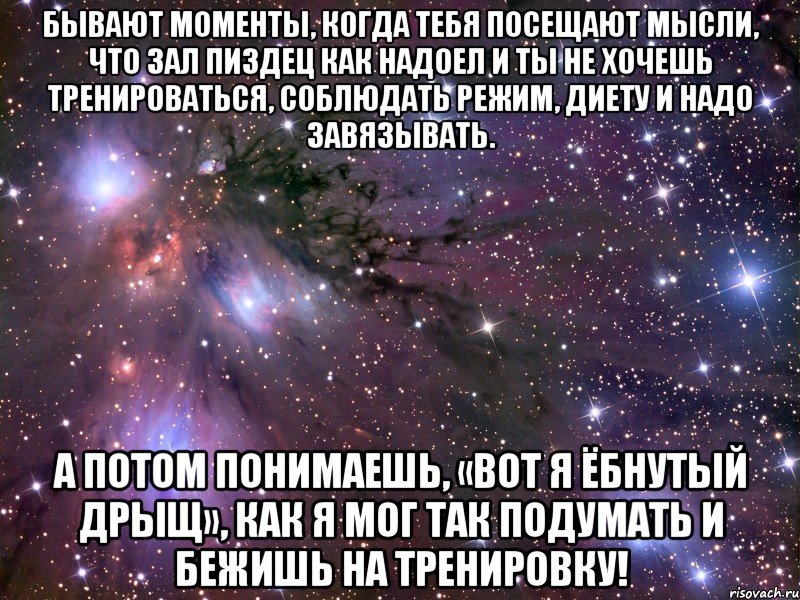 бывают моменты, когда тебя посещают мысли, что зал пиздец как надоел и ты не хочешь тренироваться, соблюдать режим, диету и надо завязывать. а потом понимаешь, «вот я ёбнутый дрыщ», как я мог так подумать и бежишь на тренировку!, Мем Космос