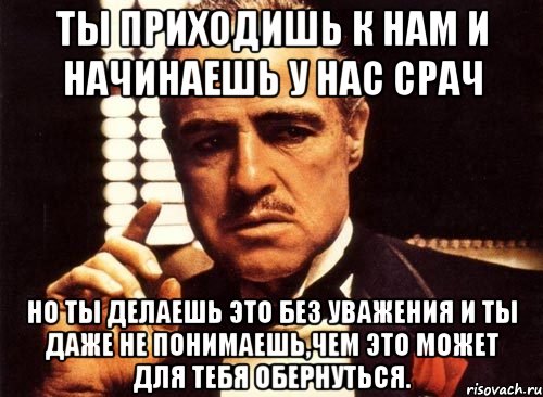 ты приходишь к нам и начинаешь у нас срач но ты делаешь это без уважения и ты даже не понимаешь,чем это может для тебя обернуться., Мем крестный отец