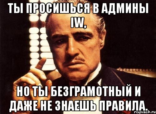 ты просишься в админы iw, но ты безграмотный и даже не знаешь правила., Мем крестный отец